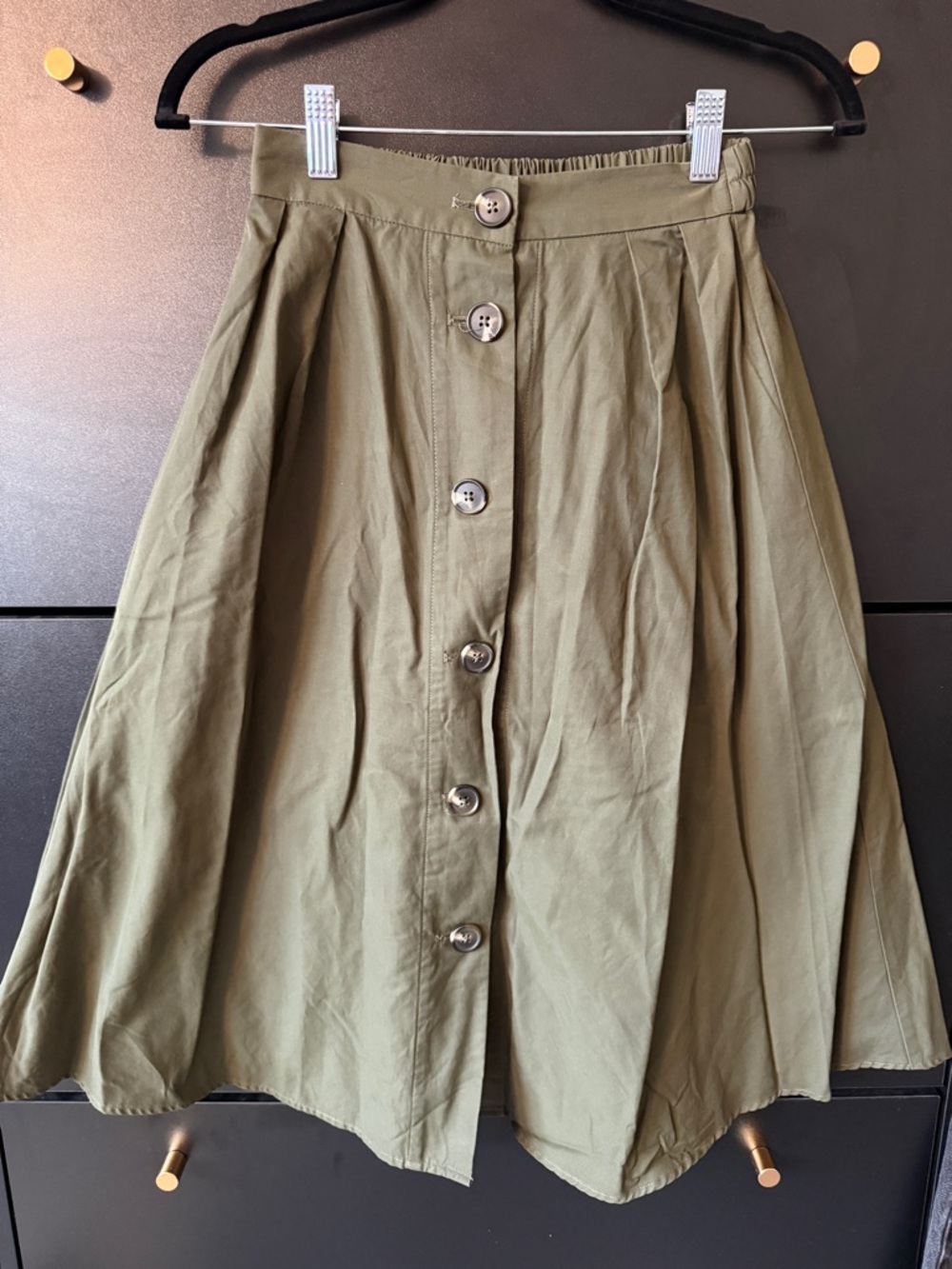 Button-Front Olive Green Midi Skirt